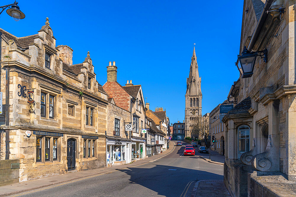 View of High Street and All Saints Church, Stamford, South Kesteven, Lincolnshire, England, United Kingdom, Europe