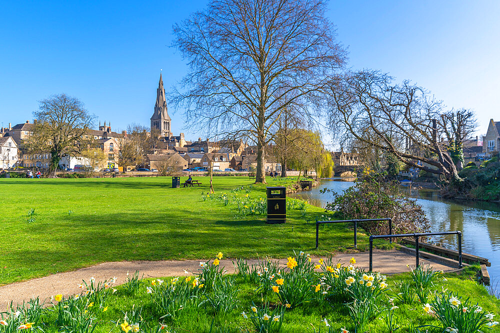 View of Welland River and All Saints Church from the Town Meadows, Stamford, South Kesteven, Lincolnshire, England, United Kingdom, Europe