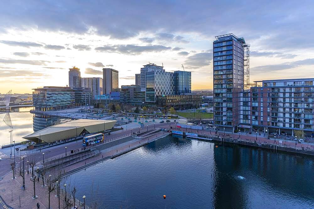 View of MediaCity UK at sunset, Salford Quays, Manchester, England, United Kingdom, Europe