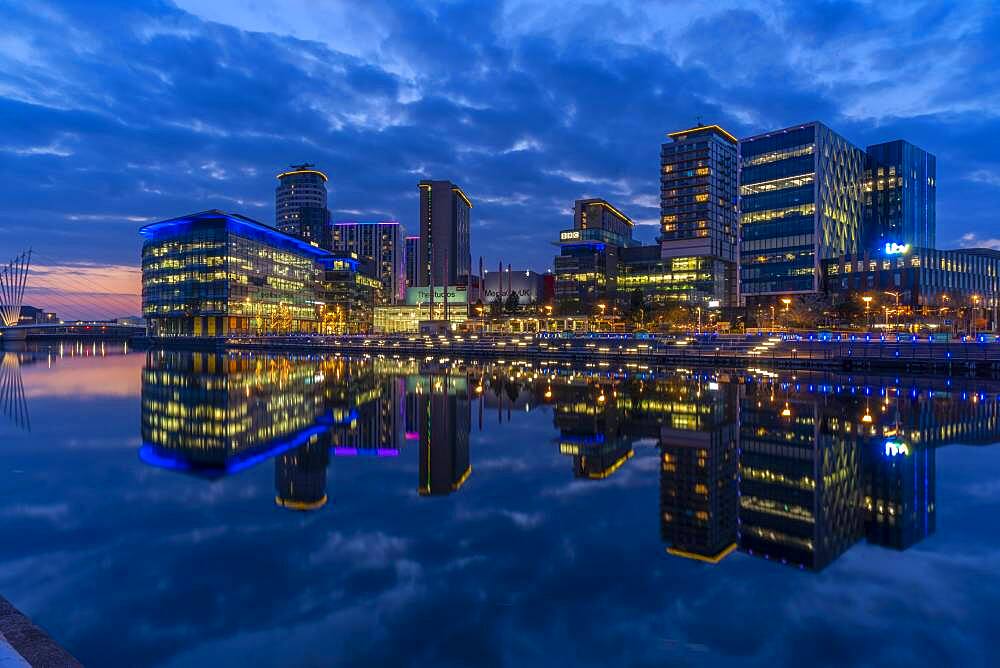 View of MediaCity UK at dusk, Salford Quays, Manchester, England, United Kingdom, Europe