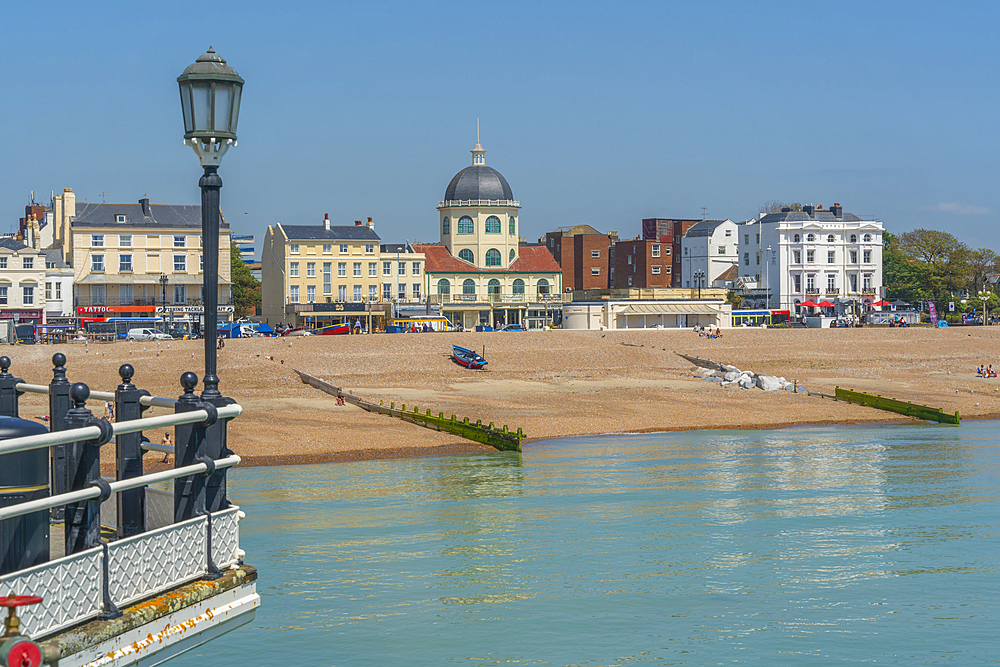 View of beach front houses and Worthing Beach from the pier, Worthing, West Sussex, England, United Kingdom, Europe