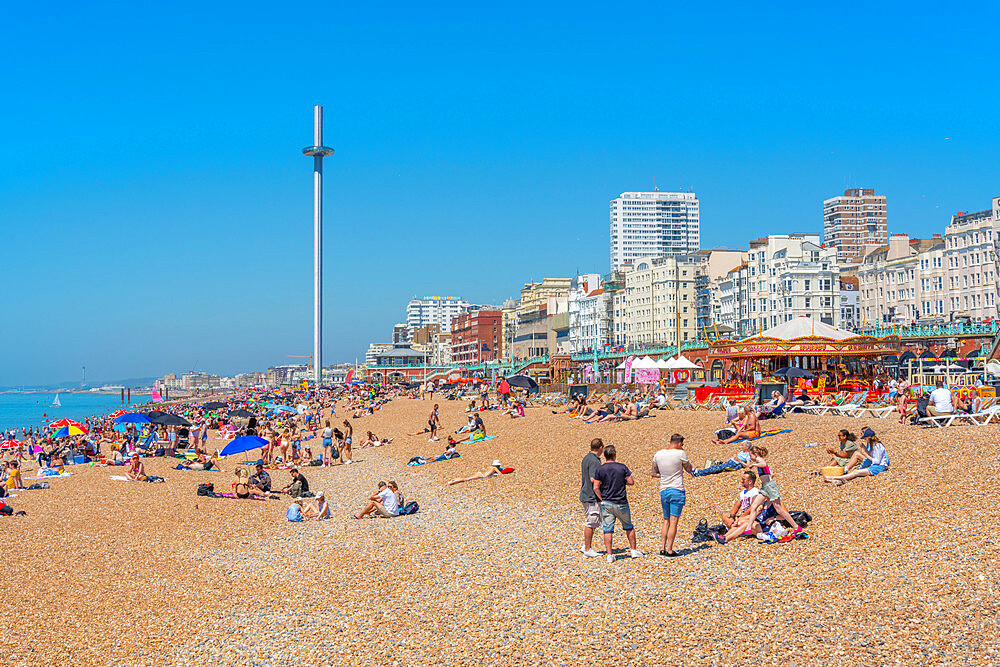 View of West Beach seafront and British Airways' i360 viewing tower, Brighton, East Sussex, England, United Kingdom, Europe