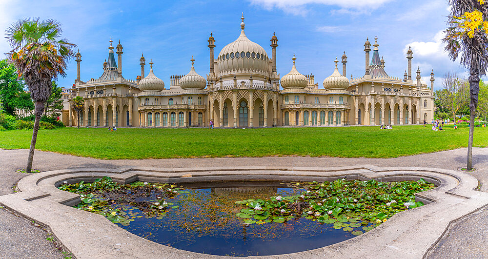 View of Brighton Pavilion and the lily pond in high summer, Brighton, Sussex, England, United Kingdom, Europe