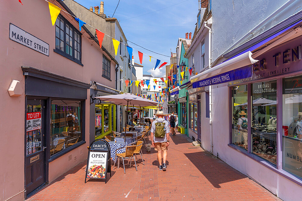 View of cafes and shops in colourful Brighton Place, Brighton, Sussex, England, United Kingdom, Europe