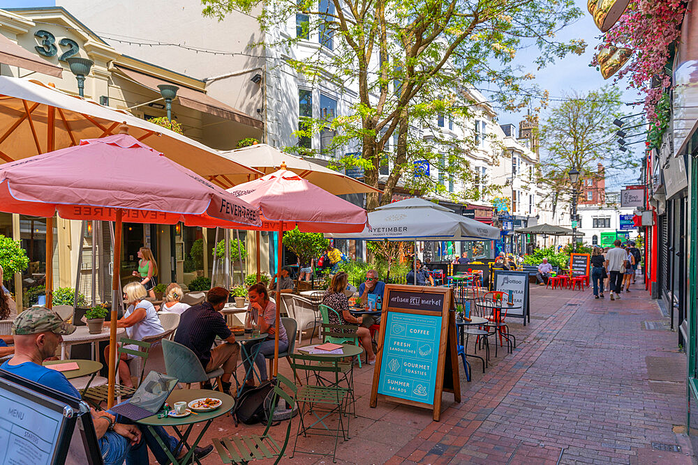 View of restaurants and cafes in The Lanes, Brighton, Sussex, England, United Kingdom, Europe