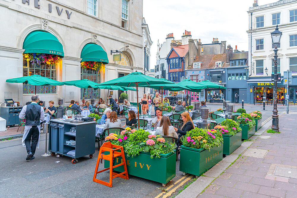 View of The Ivy Restaurant, Alfresco dining in The Lanes at dusk, Brighton, Sussex, England, United Kingdom, Europe