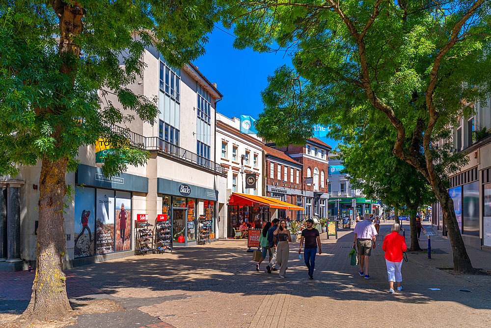 View of shops and cafes in Eastbourne town centre, Eastbourne, East Sussex, England, United Kingdom, Europe