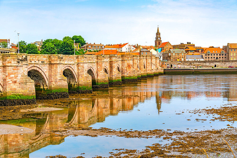 View of River Tweed and town buildings, Berwick-upon-Tweed, Northumberland, England, United Kingdom, Europe