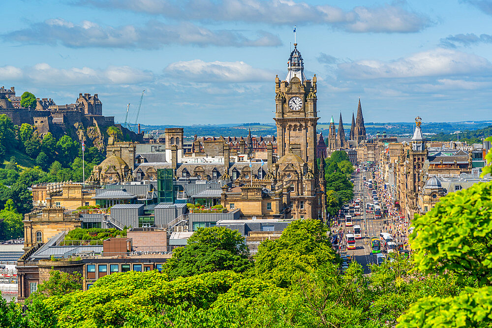 View of Castle, Balmoral Hotel and Princes Street from Calton Hill, Edinburgh, Scotland, United Kingdom, Europe