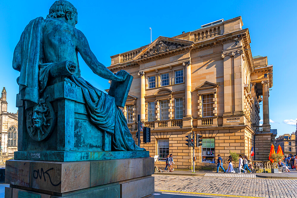 View of David Hume statue and Old Town Hall on the Golden Mile, Edinburgh, Lothian, Scotland, United Kingdom, Europe