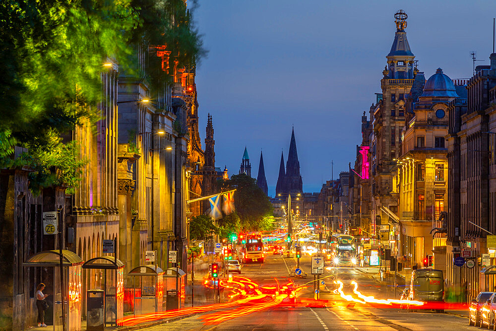 View of trail lights on Princes Street at dusk, Edinburgh, Lothian, Scotland, United Kingdom, Europe