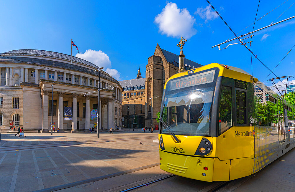 View of tram passing Central Library and monument in St. Peter's Square, Manchester, Lancashire, England, United Kingdom, Europe