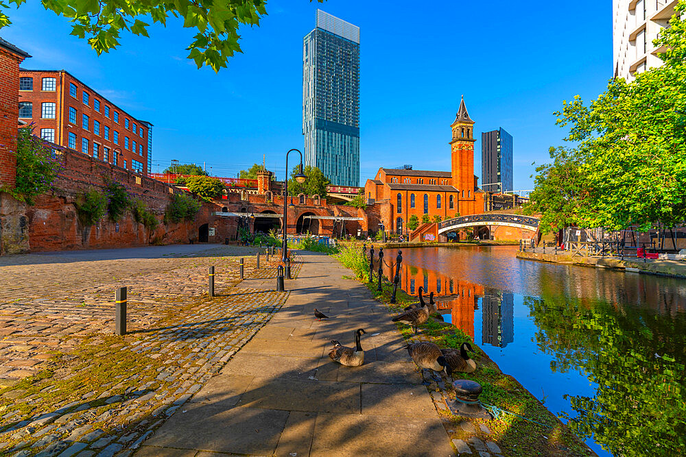 View of 301 Deansgate, St. George's church, Castlefield Canal, Manchester, England, United Kingdom, Europe