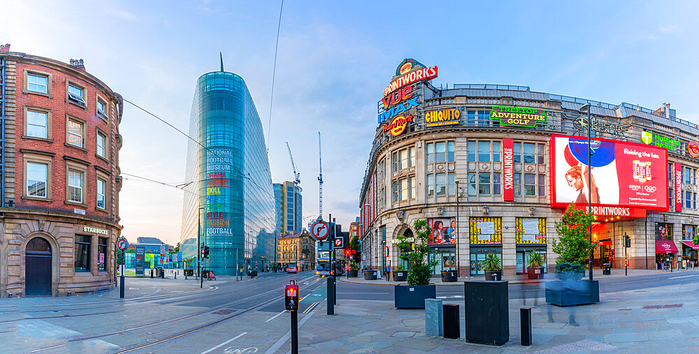 View of English Football Hall of Fame and the Print Works on Corporation Street, Manchester, Lancashire, England, United Kingdom, Europe