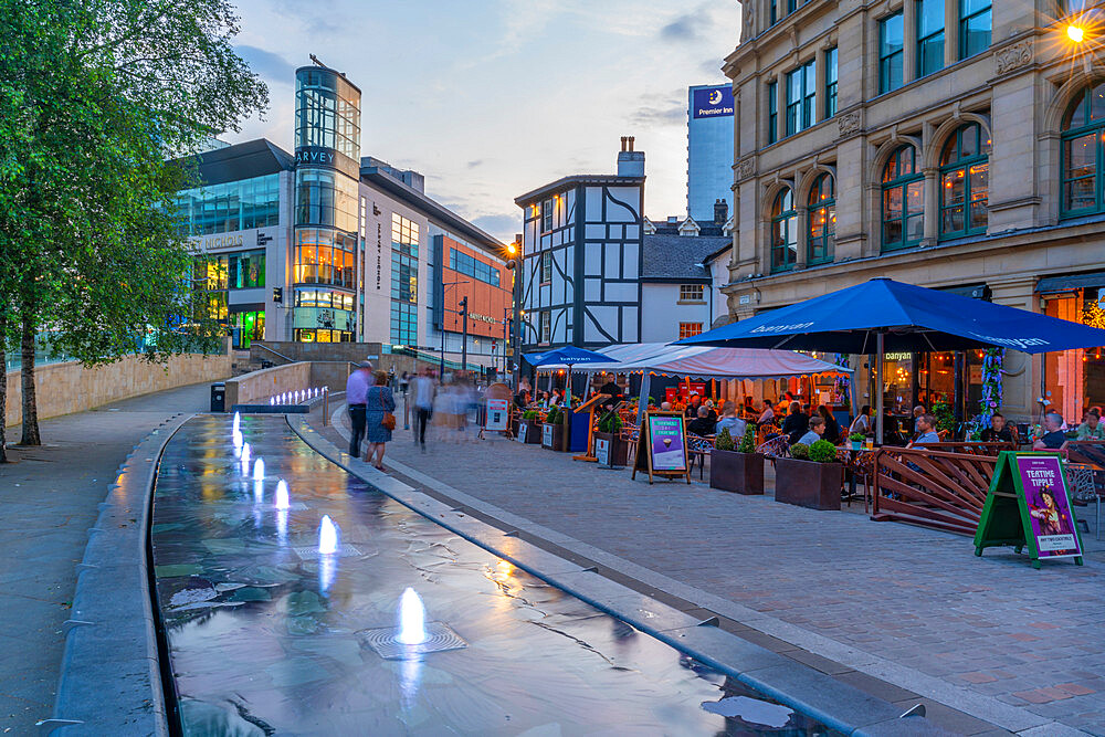 View of The Corn Exchange and Oyster Bar in Exchange Square at dusk, Manchester, Lancashire, England, United Kingdom, Europe