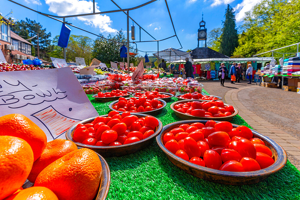 View of fruit market stall in Hall Leys Park in Matlock Town, Derbyshire, England, United Kingdom, Europe