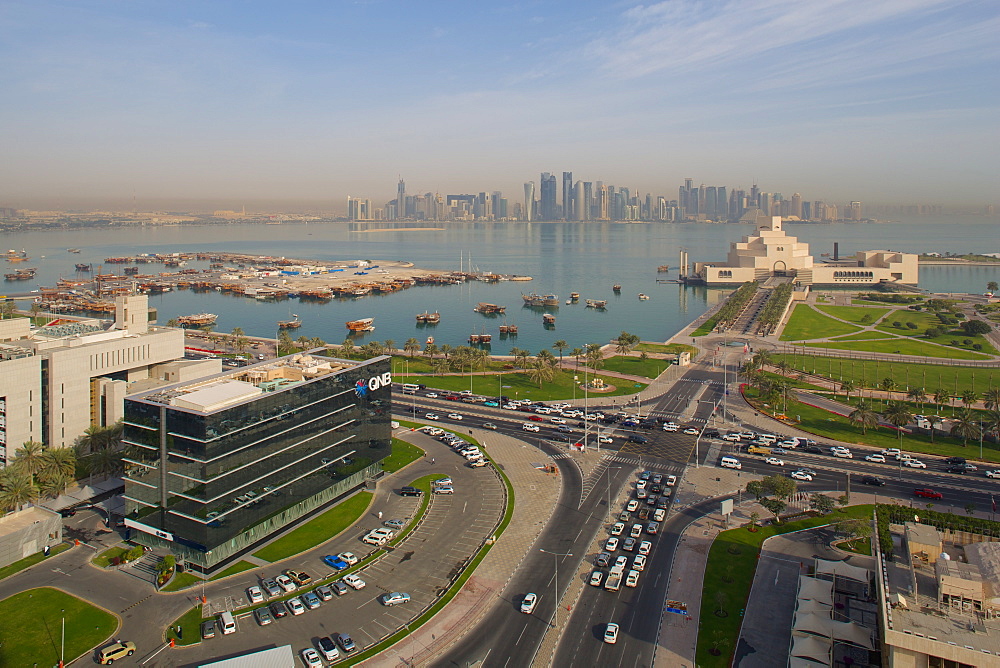 Museum of Islamic Art and West Bay Central Financial District from East Bay District, Doha, Qatar, Middle East