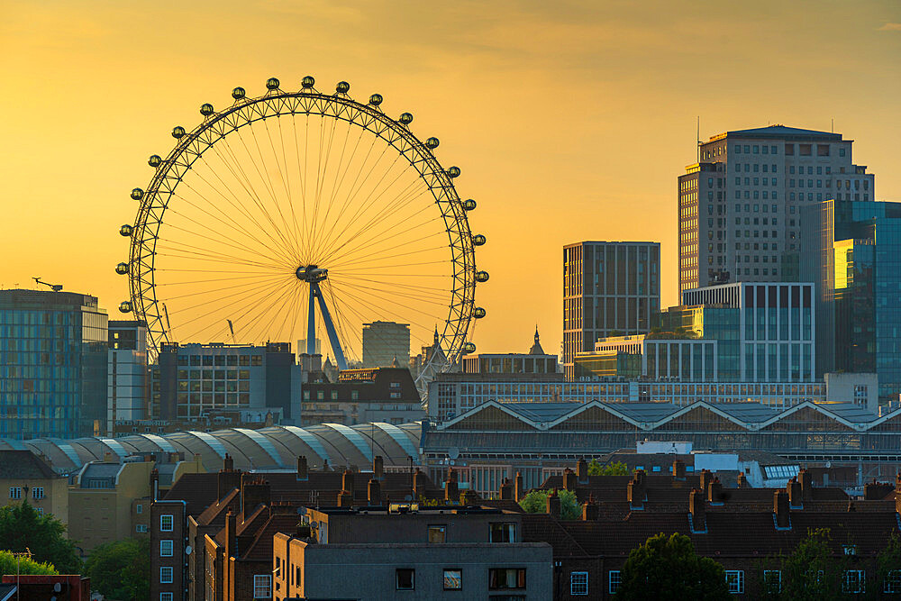 View of the London Eye and rooftop of Waterloo Station, Waterloo, London, England, United Kingdom, Europe