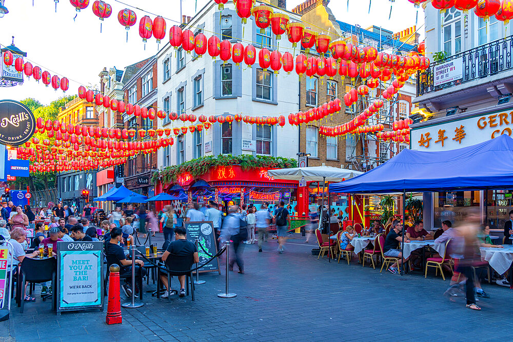 View of colourful Wardour Street in Chinatown, West End, Westminster, London, England, United Kingdom, Europe