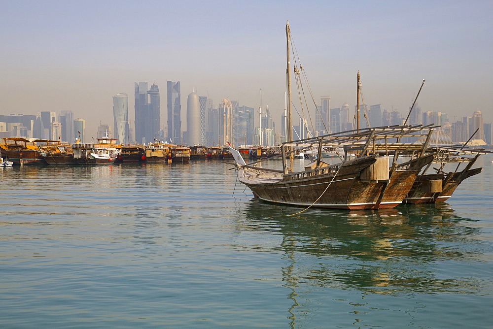 Harbour boats and West Bay Central Financial District from East Bay District, Doha, Qatar, Middle East