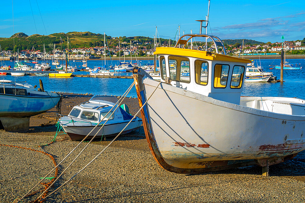 View of boats on the beach with Conwy River visible in background, Conwy, Gwynedd, North Wales, United Kingdom, Europe