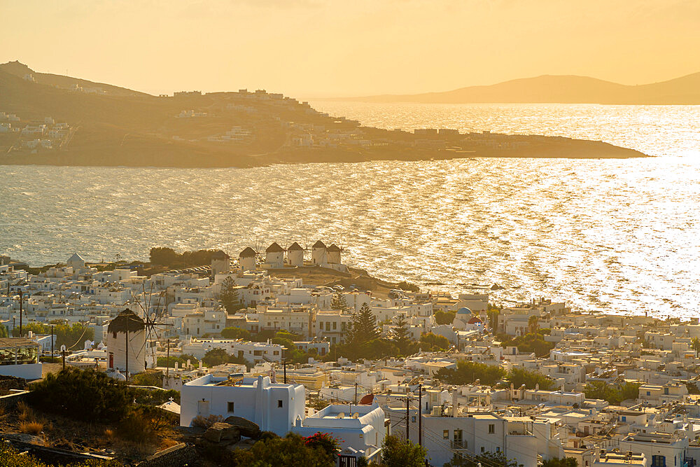 View of flour mills and sea, Mykonos Town, Mykonos, Cyclades Islands, Greek Islands, Aegean Sea, Greece, Europe