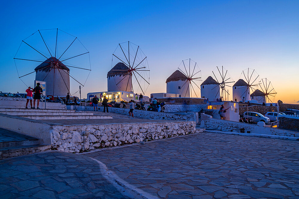 View of the windmills in Mykonos Town at dusk, Mykonos, Cyclades Islands, Greek Islands, Aegean Sea, Greece, Europe