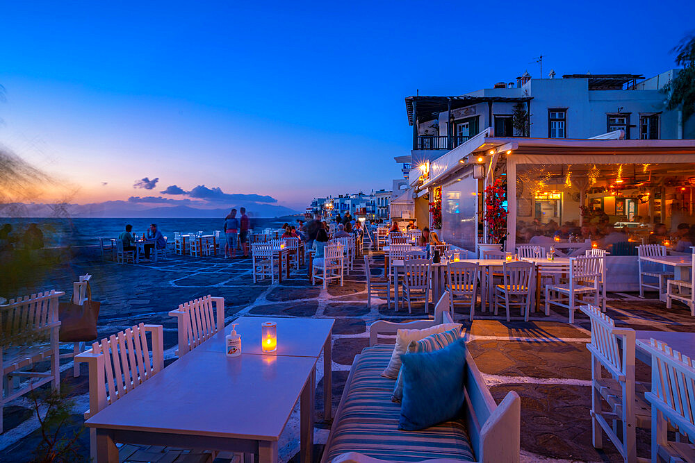 View of restaurants at Little Venice in Mykonos Town at night, Mykonos, Cyclades Islands, Greek Islands, Aegean Sea, Greece, Europe