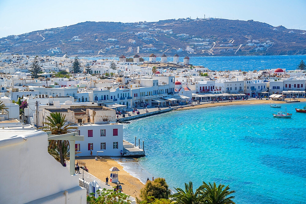 Elevated view of flour mills and town, Mykonos Town, Mykonos, Cyclades Islands, Greek Islands, Aegean Sea, Greece, Europe