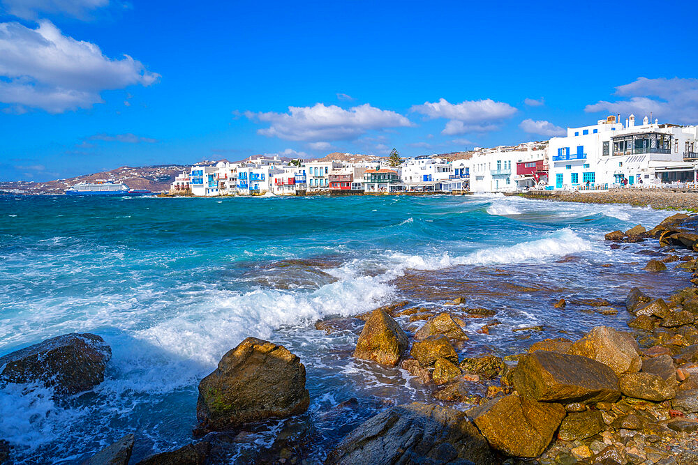 View of rocky beach and restaurants in Little Venice, Mykonos Town, Mykonos, Cyclades Islands, Greek Islands, Aegean Sea, Greece, Europe