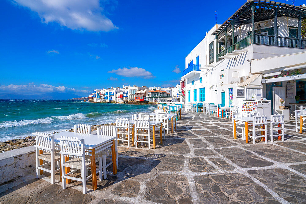 View of restaurant tables in Little Venice, Mykonos Town, Mykonos, Cyclades Islands, Greek Islands, Aegean Sea, Greece, Europe