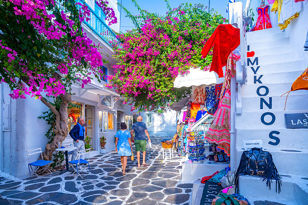 View of whitewashed narrow street with shops and cafes, Mykonos Town, Mykonos, Cyclades Islands, Greek Islands, Aegean Sea, Greece, Europe