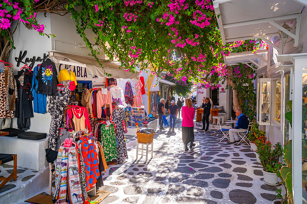 View of whitewashed narrow street with shops and cafes, Mykonos Town, Mykonos, Cyclades Islands, Greek Islands, Aegean Sea, Greece, Europe