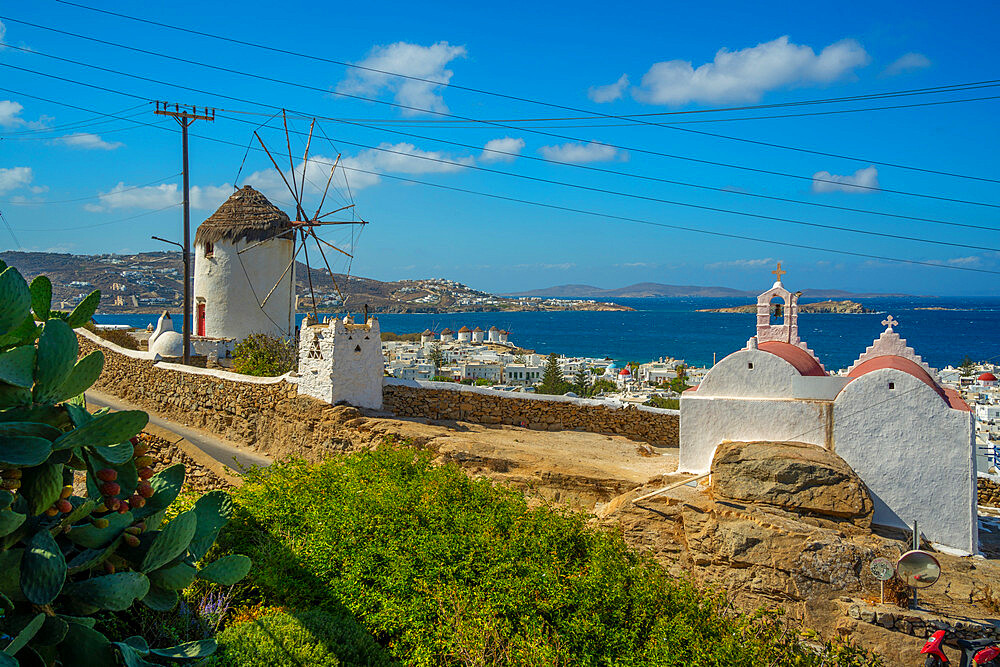 Elevated view of windmills and town, Mykonos Town, Mykonos, Cyclades Islands, Greek Islands, Aegean Sea, Greece, Europe