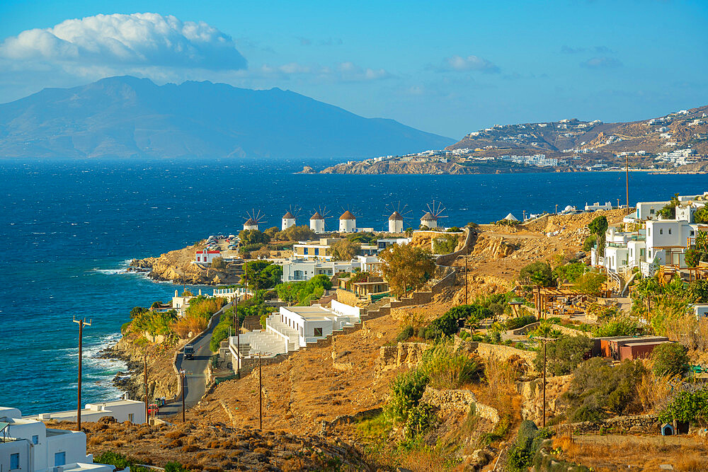 View of the windmills and town from elevated position, Mykonos Town, Mykonos, Cyclades Islands, Greek Islands, Aegean Sea, Greece, Europe