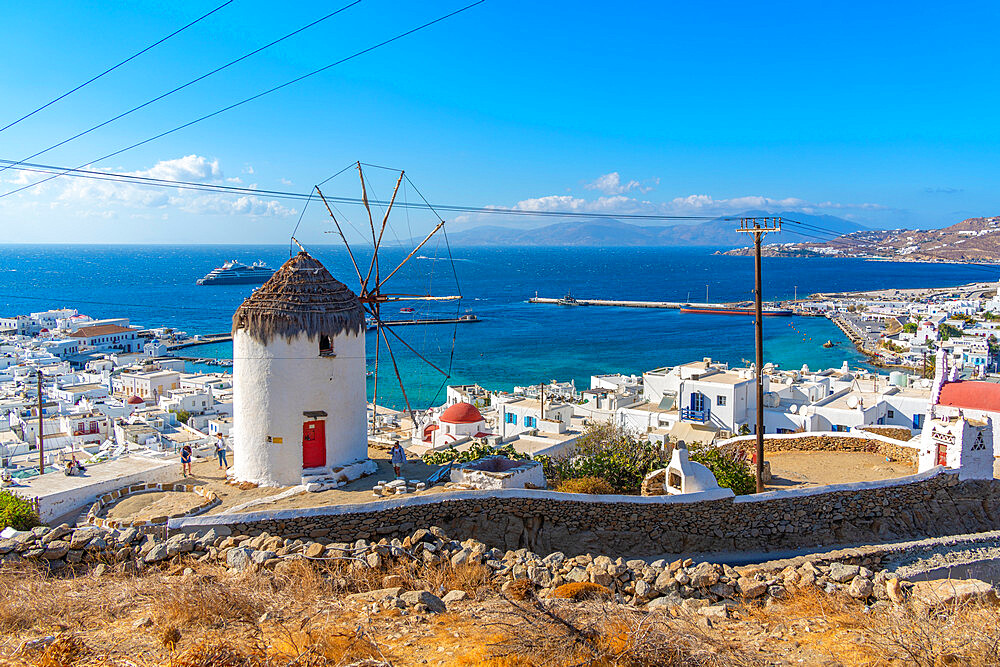 View of windmill and Aegean Sea, Mykonos Town, Mykonos, Cyclades Islands, Greek Islands, Aegean Sea, Greece, Europe