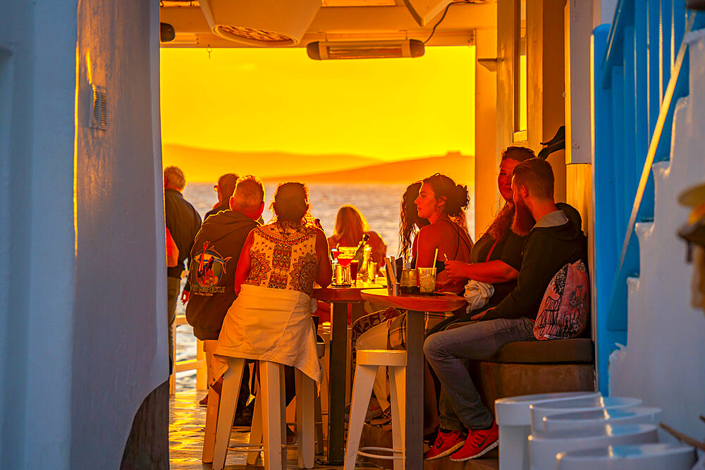 View of bar in Little Venice at sunset, Mykonos Town, Mykonos, Cyclades Islands, Greek Islands, Aegean Sea, Greece, Europe