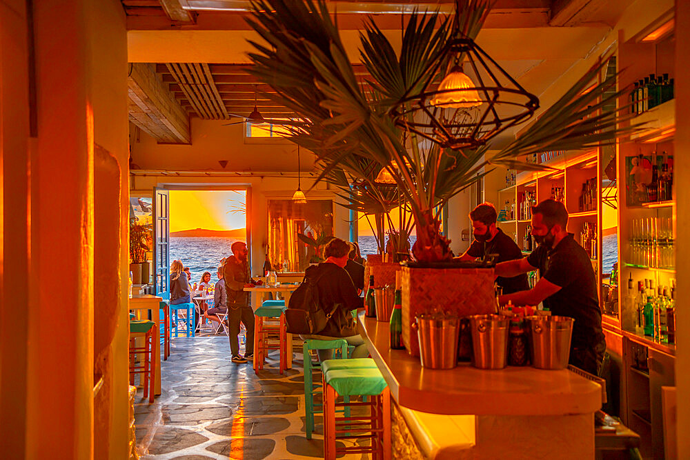 View of bar in Little Venice at sunset, Mykonos Town, Mykonos, Cyclades Islands, Greek Islands, Aegean Sea, Greece, Europe