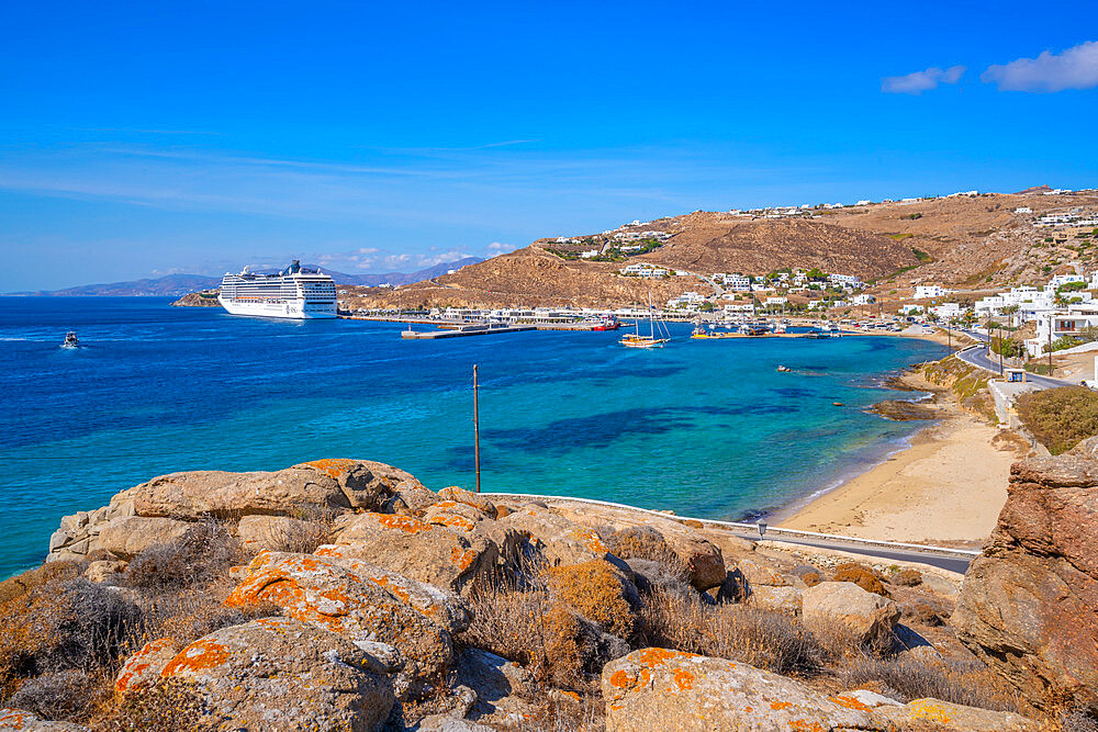 View of cruise ship in New Port, Mykonos Town, Mykonos, Cyclades Islands, Greek Islands, Aegean Sea, Greece, Europe