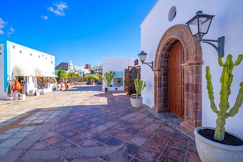 View of gallery entrance and shops in Rubicon Marina, Playa Blanca, Lanzarote, Canary Islands, Spain, Atlantic, Europe