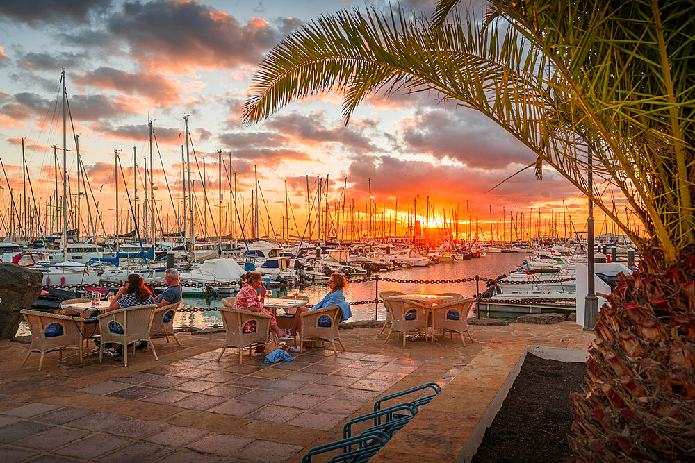 View of restaurant in Marina Rubicon at sunset, Playa Blanca, Lanzarote, Canary Islands, Spain, Atlantic, Europe