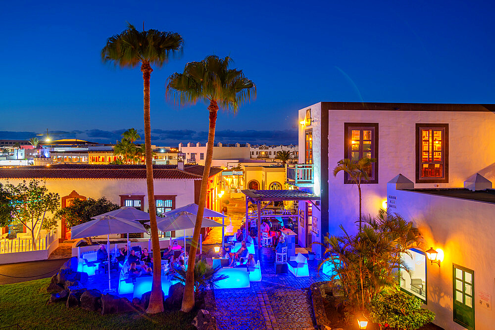 View of cafe at dusk in Marina Rubicon, Playa Blanca, Lanzarote, Canary Islands, Spain, Atlantic, Europe