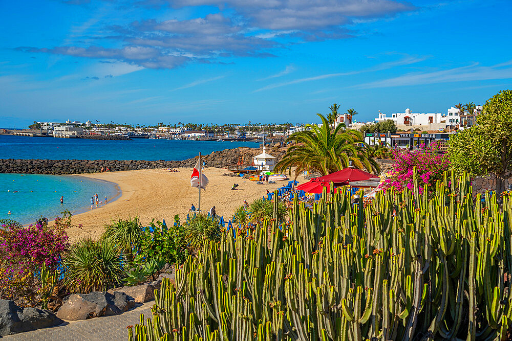 View of hotel overlooking Playa Dorada Beach, Playa Blanca, Lanzarote, Canary Islands, Spain, Atlantic, Europe