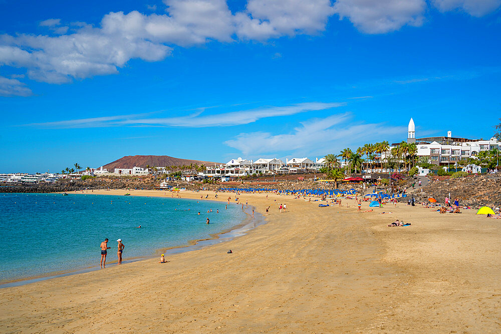 View of hotel overlooking Playa Dorada Beach, Playa Blanca, Lanzarote, Canary Islands, Spain, Atlantic, Europe