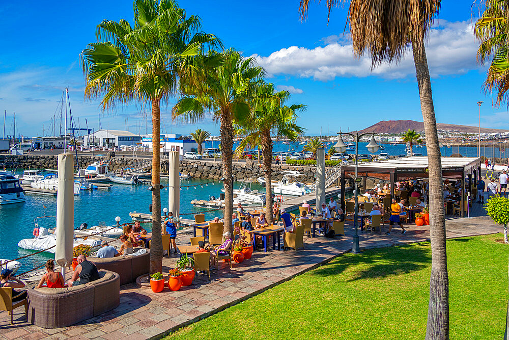 View of restaurant and boats in Rubicon Marina, Playa Blanca, Lanzarote, Canary Islands, Spain, Atlantic, Europe