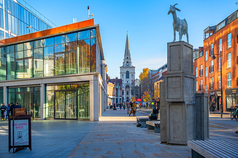 View of Brushfield Street and Christ Church Spitalfields near Spitalfield Market, London, England, United Kingdom, Europe