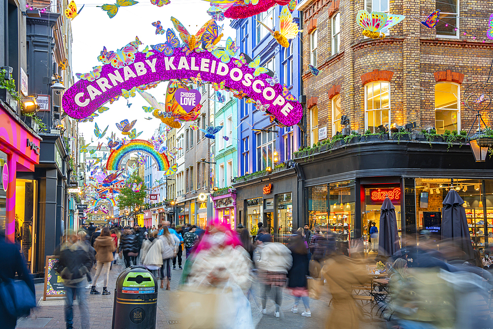 View of bustling Carnaby Street at Christmas, London, England, United Kingdom, Europe
