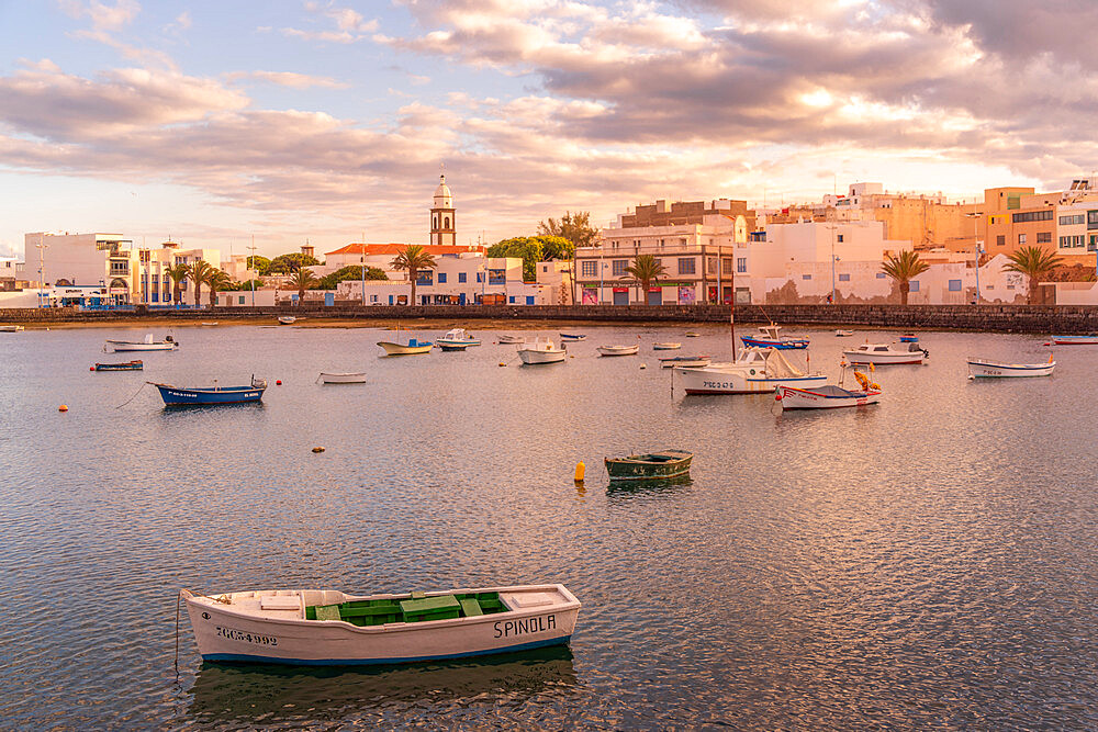 View of Baha de Arrecife Marina and Obispado Diocesis de Canarias Church at sunset, Arrecife, Lanzarote, Canary Islands, Spain, Atlantic, Europe