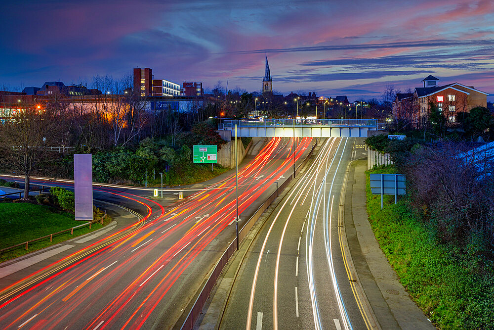 View of Chesterfield skyline including Crooked Spire of Parish Church, Chesterfield, Derbyshire, England, United Kingdom, Europe