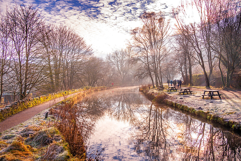 View of mackerel sky and frosty morning at the Cromford Canal, Derbyshire, England, United Kingdom, Europe